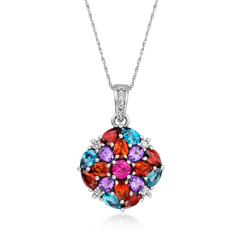 White gold pendant necklace with round multi-gemstone floral cluster and diamond halo