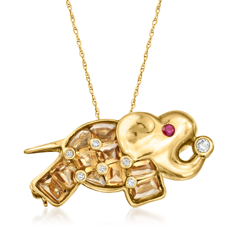 18kt yellow gold elephant pendant with citrine stones, diamond accents, ruby eye