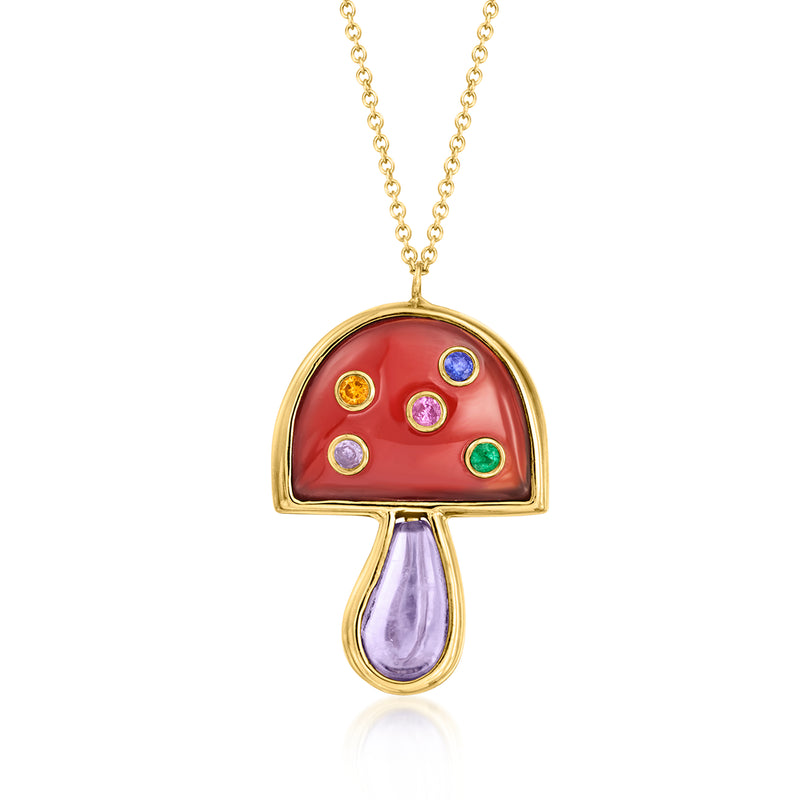 Vintage mushroom pendant necklace in yellow gold with red enamel, multi-gem accents, purple drop