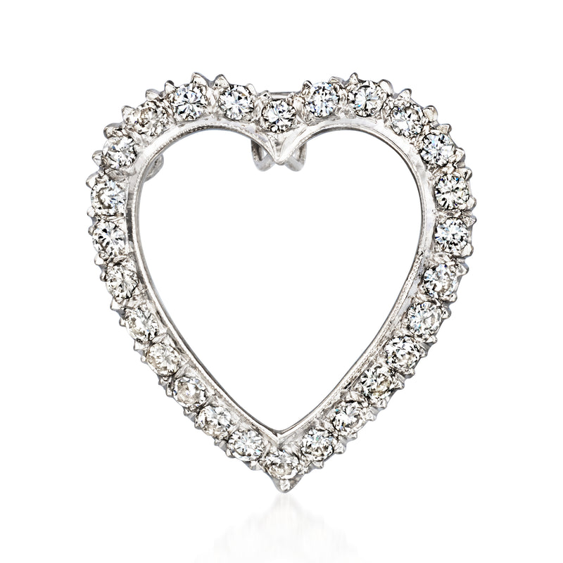 Heart pin/pendant in 14kt white gold with pave diamond border, raised heart with sparkle