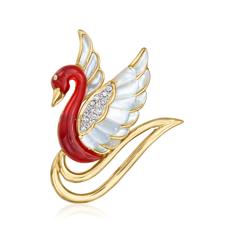 Swan pin pendant in 18k yellow gold with red enamel, mother-of-pearl wings, diamond accents