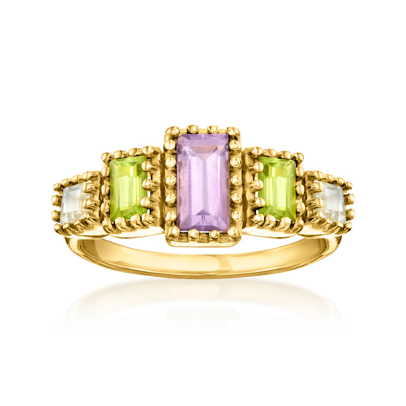 Gold multi-gemstone ring with rectangular purple, green, and light blue stones