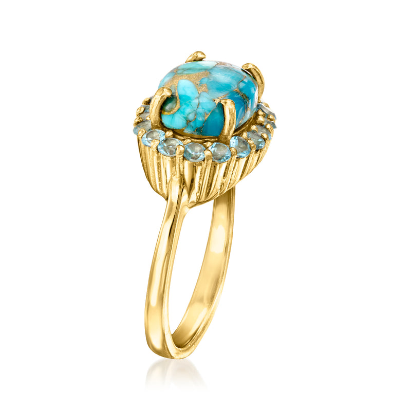 Gold ring with oval turquoise gemstone and blue stone halo, side view