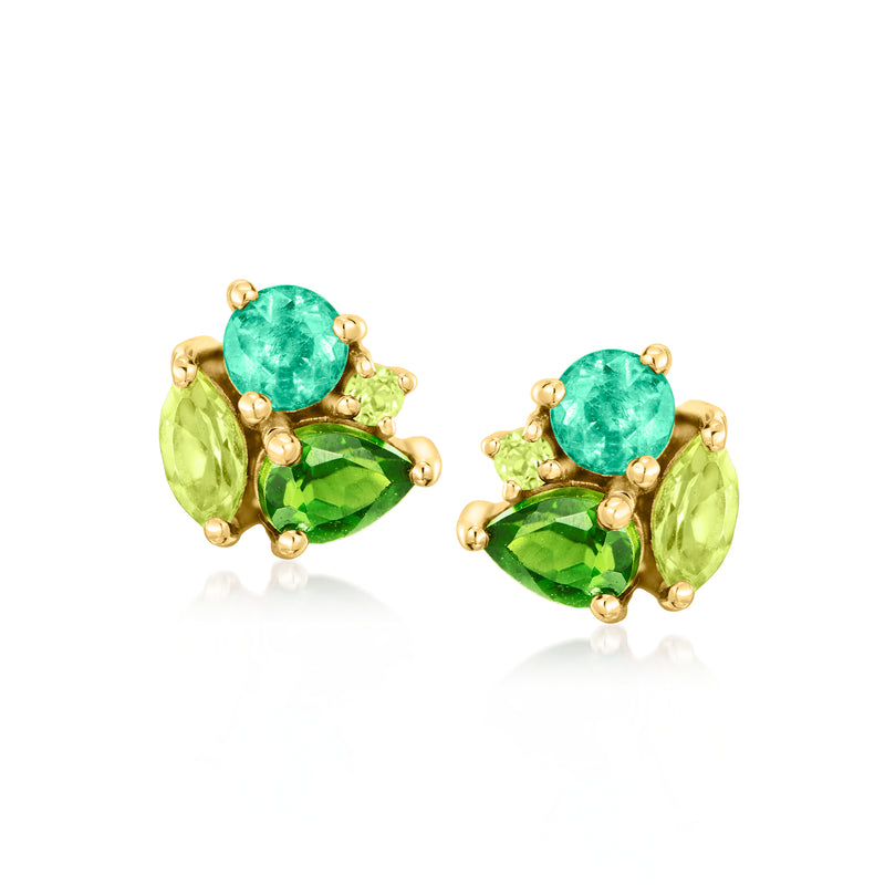 14kt yellow gold green multi-gemstone stud earrings with round and pear stones