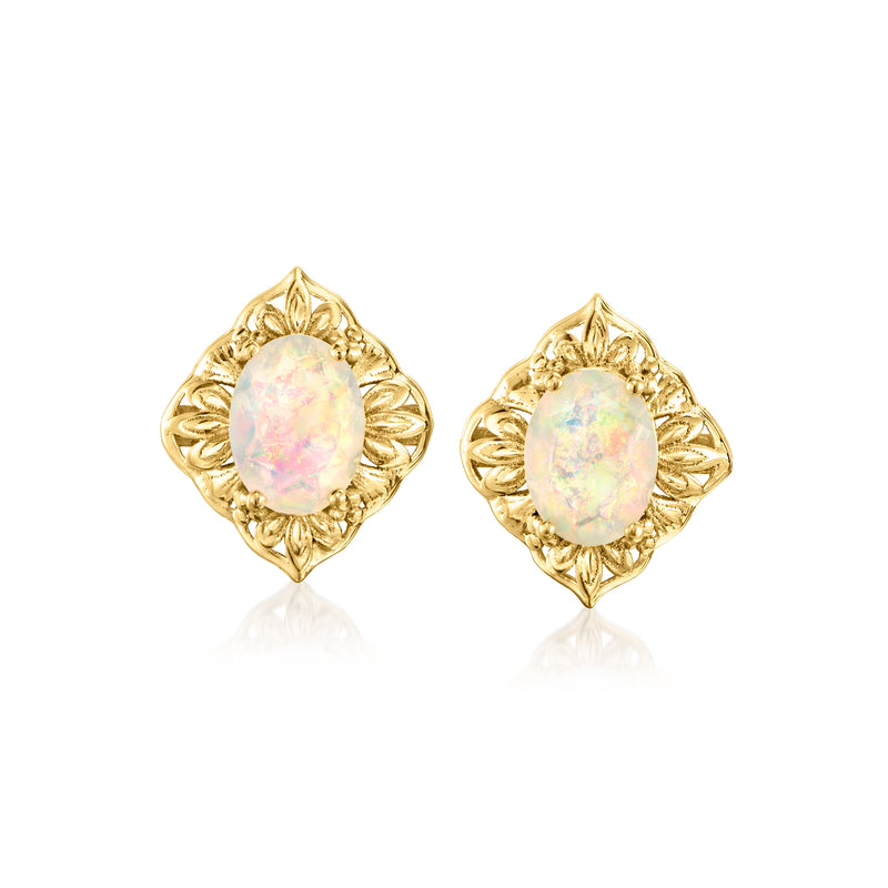 Opal oval stud earrings with gold filigree settings, post backs