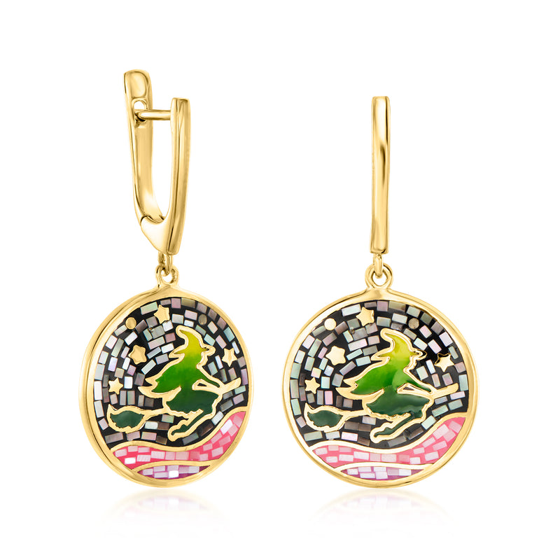 Gold-tone mosaic enamel drop earrings with green witch on broom in round frame