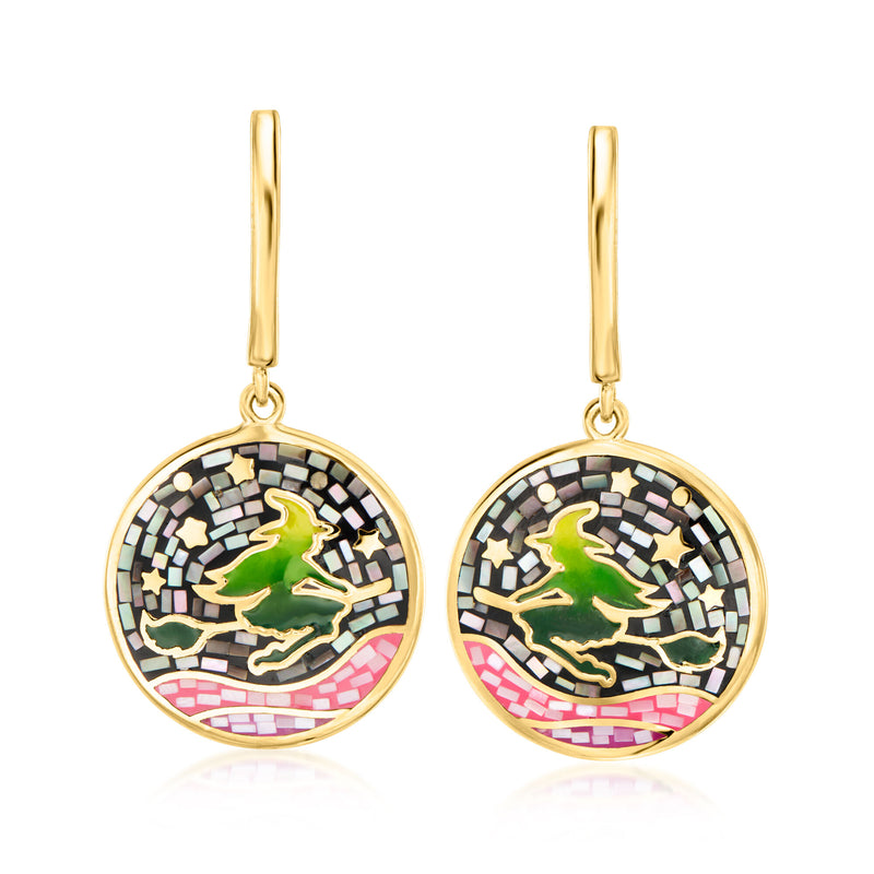 Mother-of-Pearl and Multicolored Enamel Witch on Broom Mosaic Drop Earrings in 18kt Gold Over Sterling