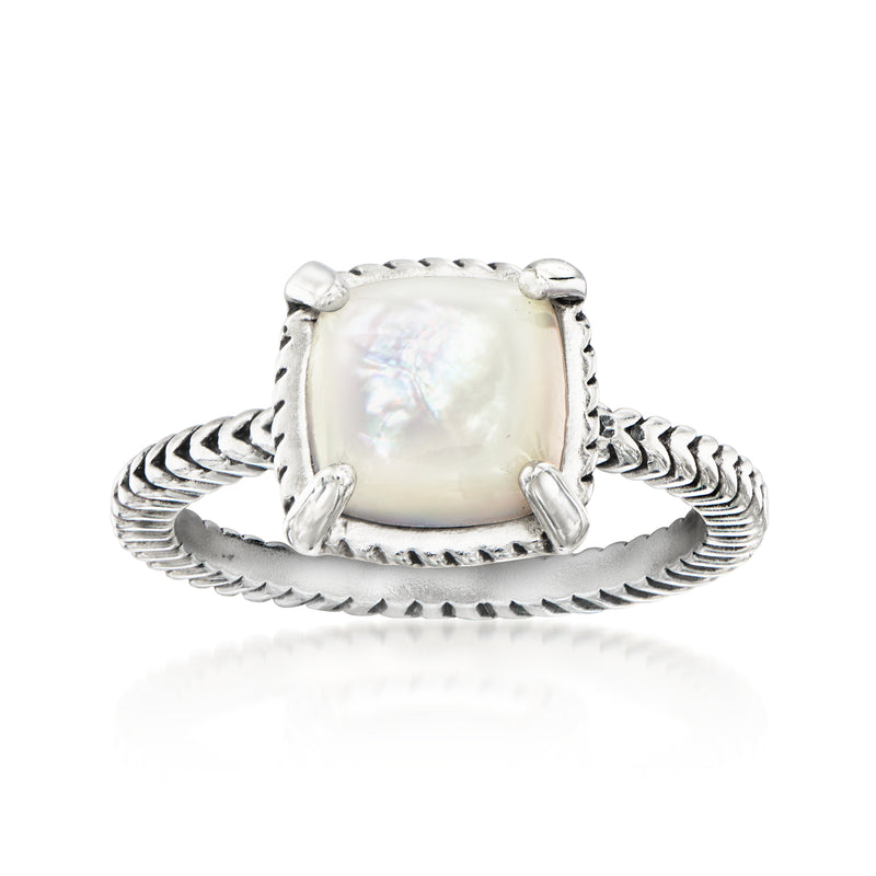 Sterling silver ring with mother-of-pearl square bezel and twisted rope band