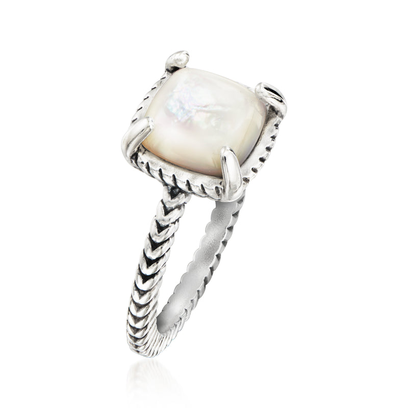 Sterling silver ring with mother-of-pearl cushion bezel and twisted rope shank