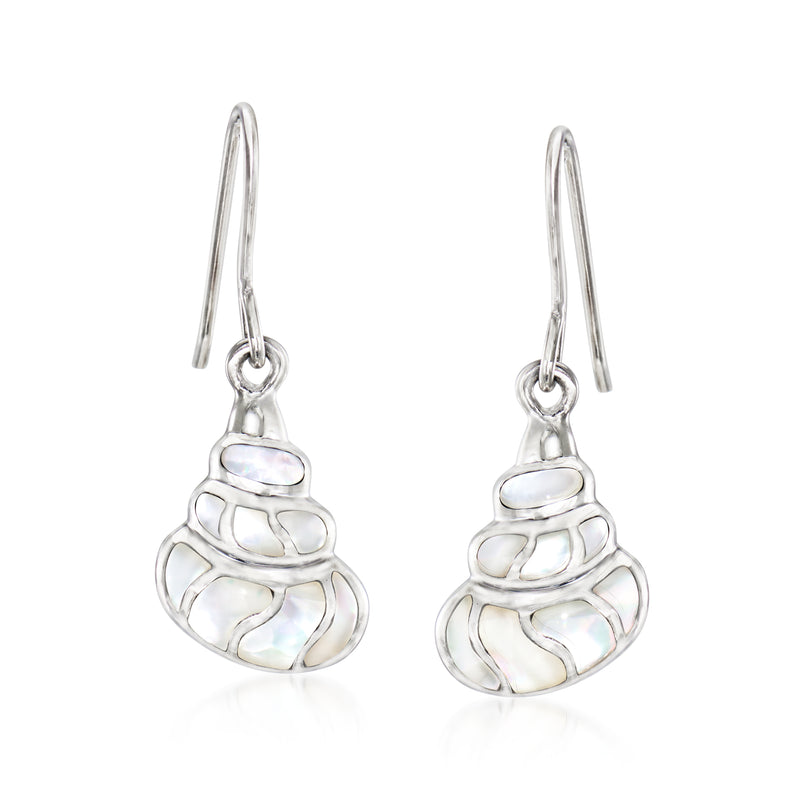 Sterling silver conch shell drop earrings with iridescent mother-of-pearl