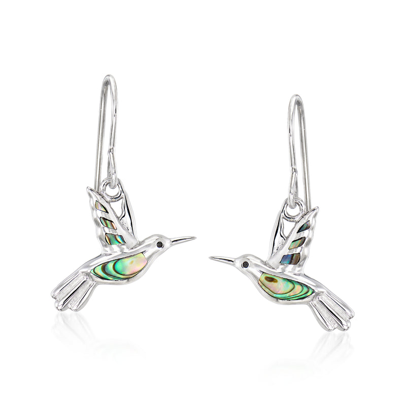 Sterling silver hummingbird drop earrings with abalone shell inlay, earwire hooks