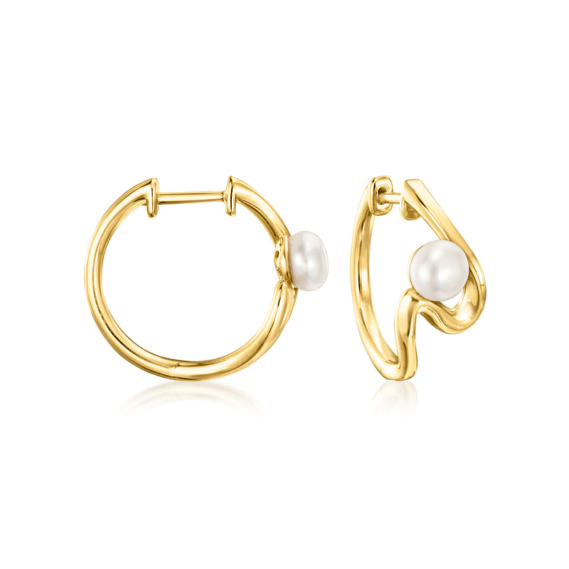 Gold hoop earrings with white cultured pearl swirl design