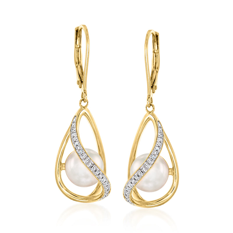 Gold drop earrings with teardrop cultured pearl and diamond swirl accents, leverback