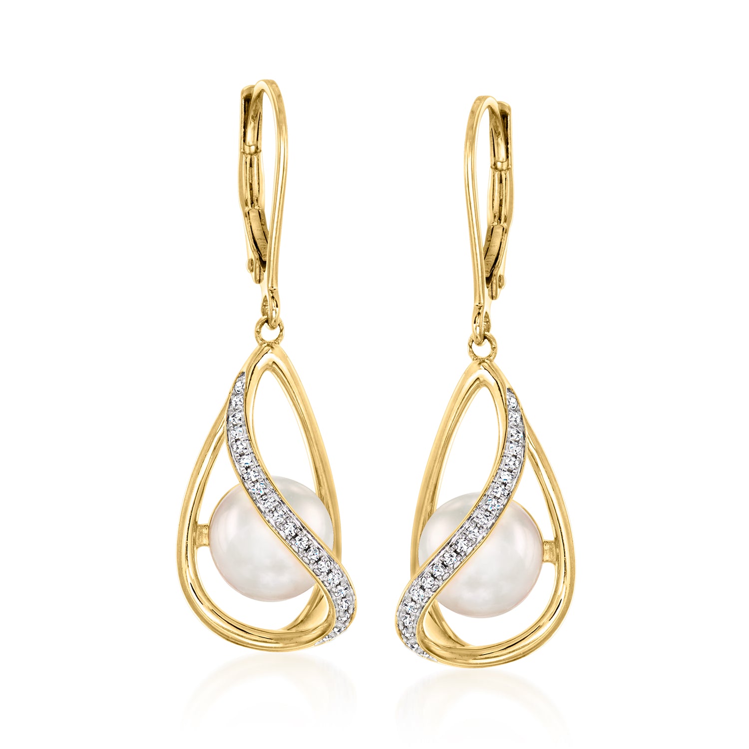 8-8.5mm Cultured Pearl and .13 ct. t.w. Diamond Swirl Drop Earrings in 18kt Gold Over Sterling