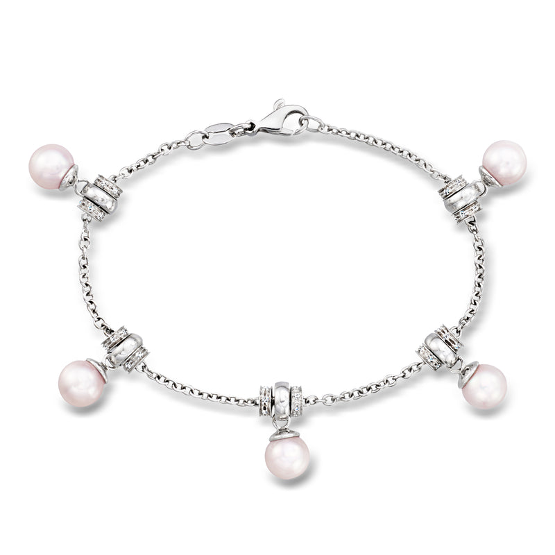 18kt white gold station bracelet with cultured pearls and diamond accents, round charm links