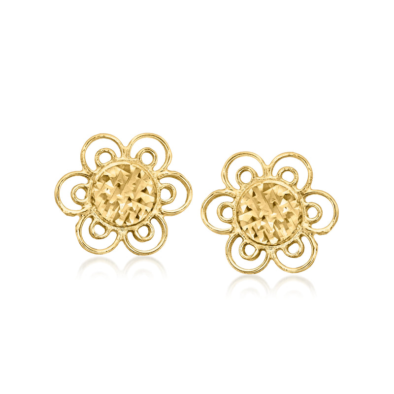 14kt yellow gold floral diamond-cut post earrings, round center
