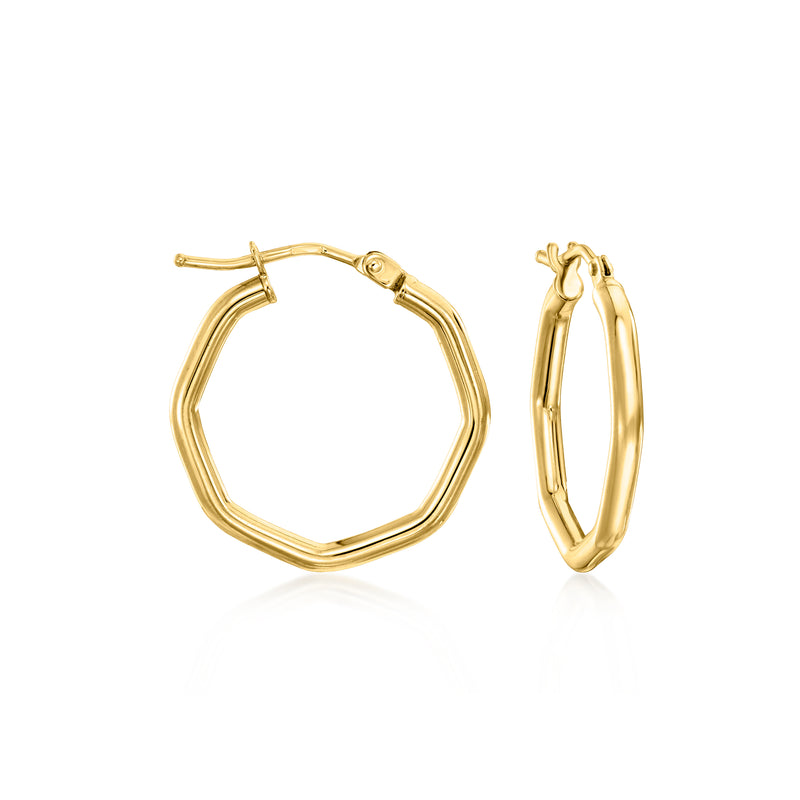14kt yellow gold octagonal hoop earrings, hinged clasp, polished finish