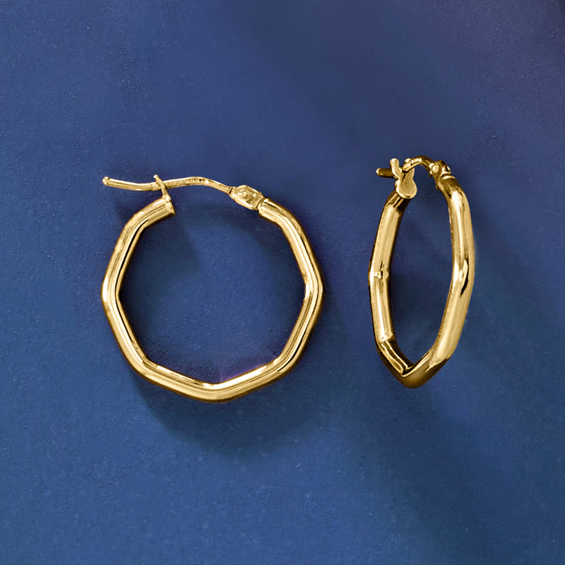Yellow gold octagonal hoop earrings with hinged latch and rounded edge