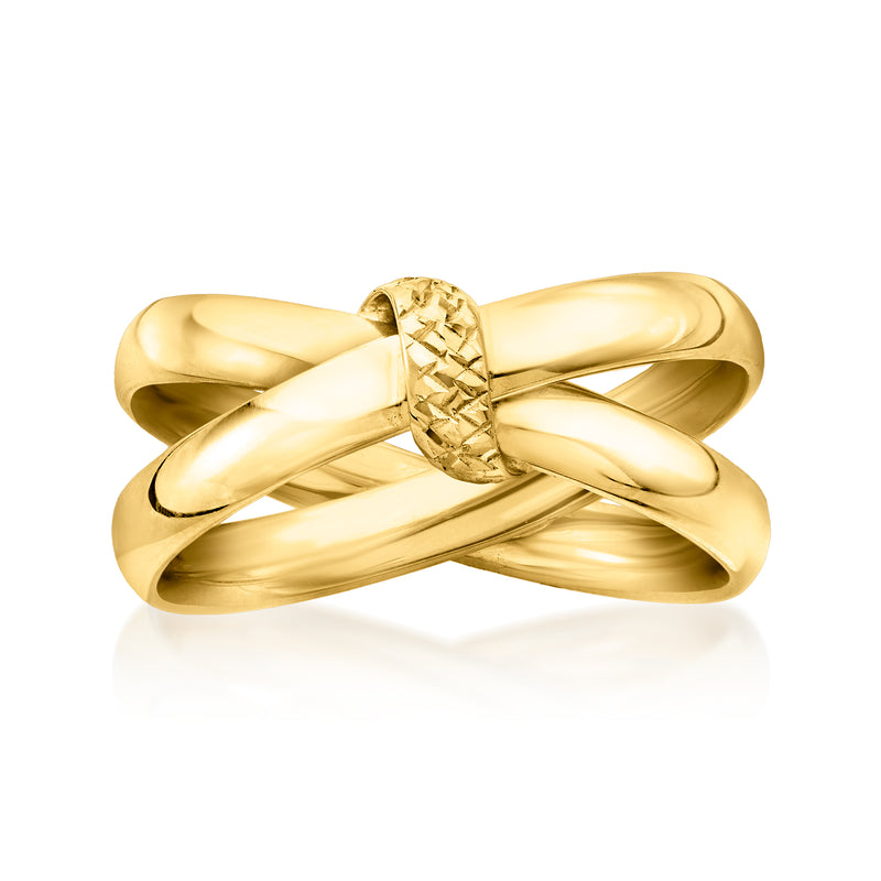Yellow gold crisscross knot ring with raised textured center detail