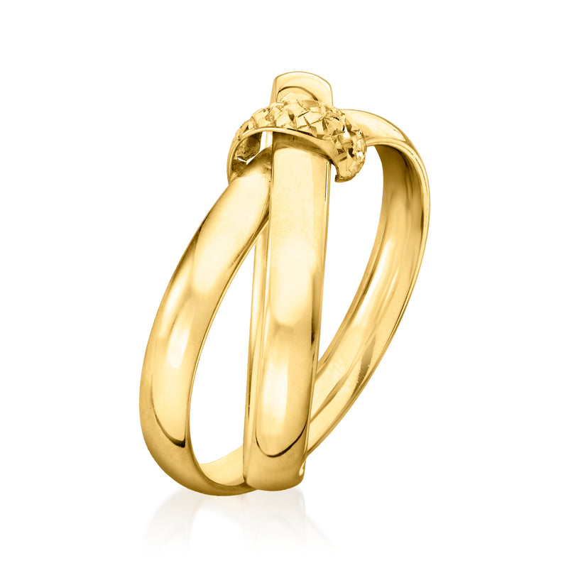 Yellow gold crisscross knot ring with square top and open band profile