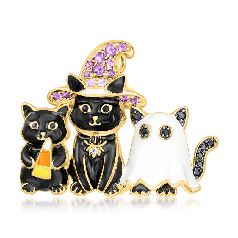 18kt gold over sterling pendant with black enamel Halloween cats and purple gemstones