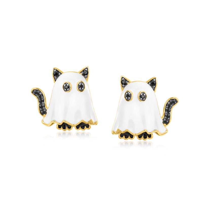 White enamel ghost cat post earrings with black detailing in gold-tone settings
