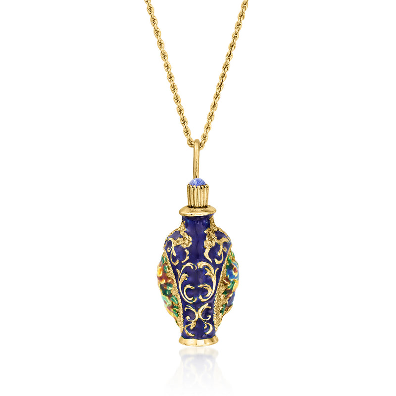 Vintage enamel perfume bottle pendant necklace, 18kt yellow gold, lapis accent
