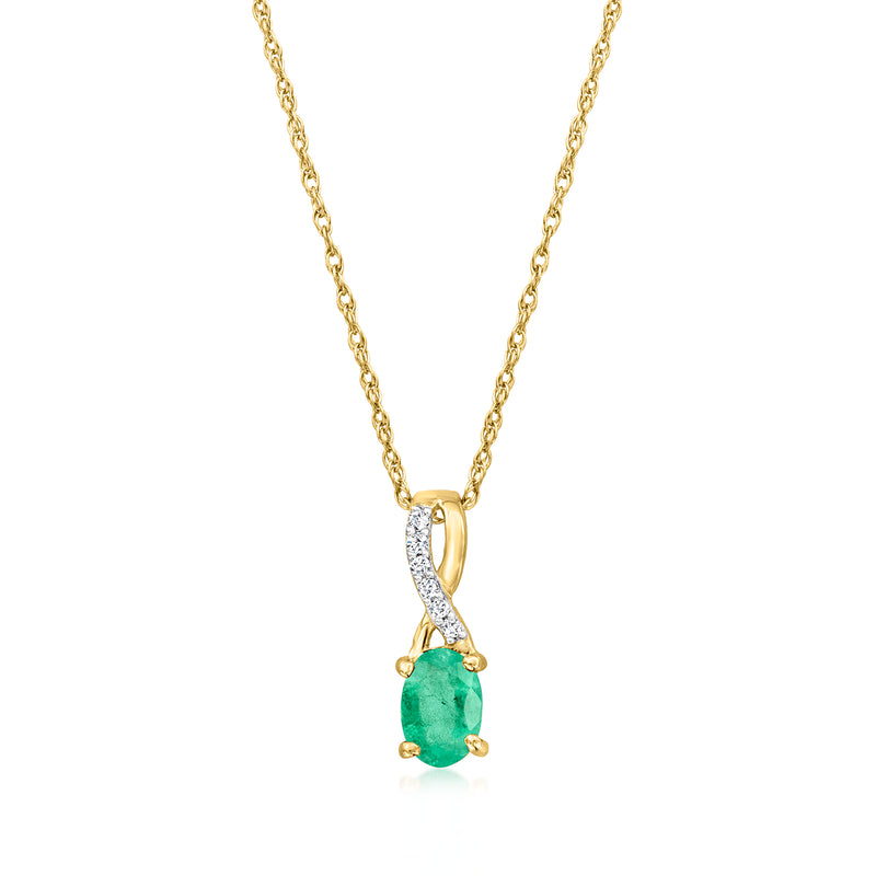 14kt yellow gold pendant necklace with emerald-cut green stone and diamond accents