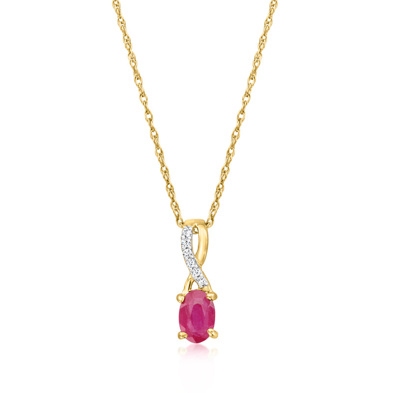14kt yellow gold pendant necklace with ruby gemstone and diamond accents