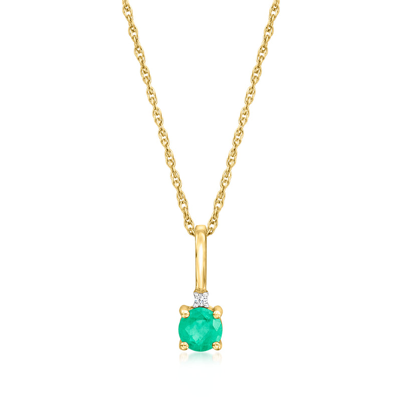 14kt yellow gold pendant necklace with round green emerald centerpiece and small diamond accent