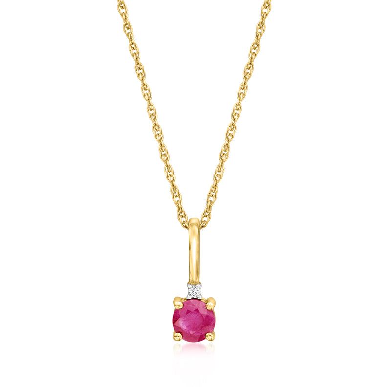 14kt yellow gold ruby pendant necklace with single diamond above ruby