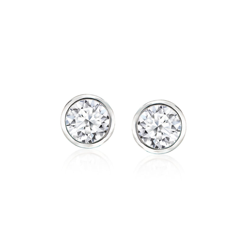 Bezel-set lab-grown diamond stud earrings in 14k white gold, round solitaire