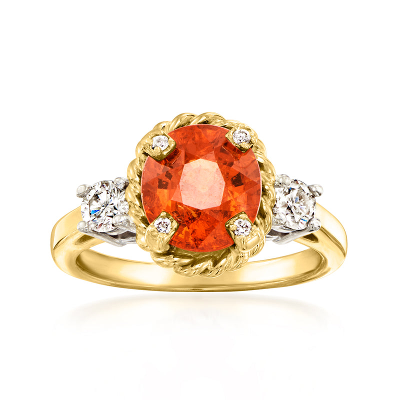 Two-tone gold vintage ring with orange garnet oval and diamond side stones