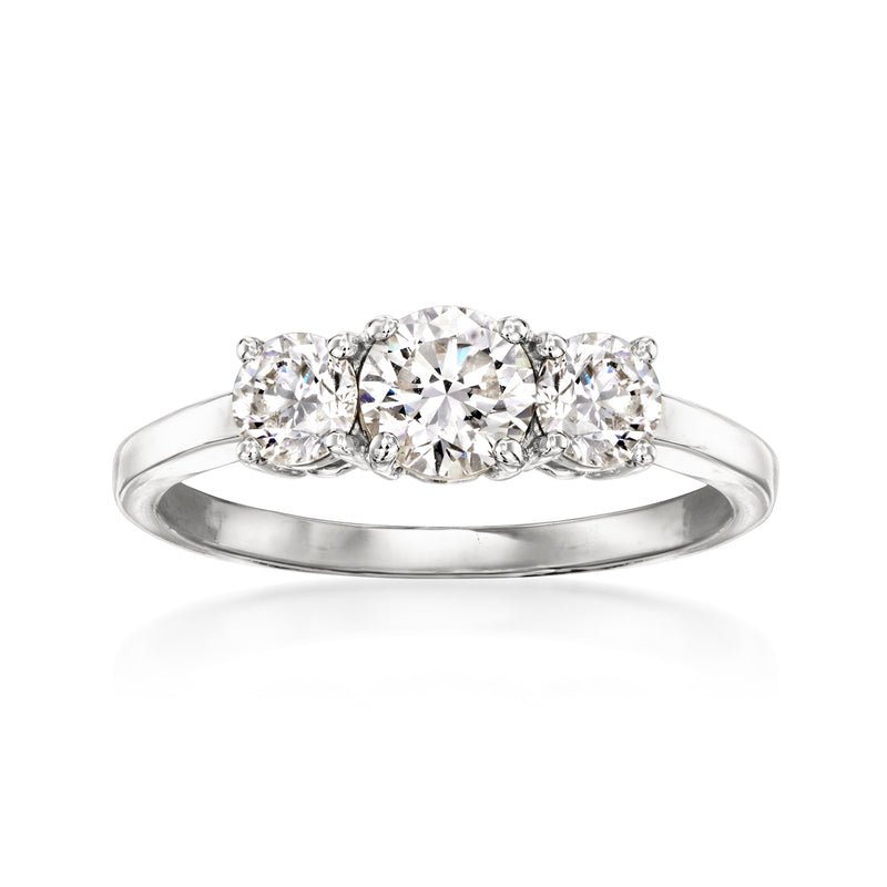 Three-stone diamond ring in 14kt white gold with three round lab-grown stones.