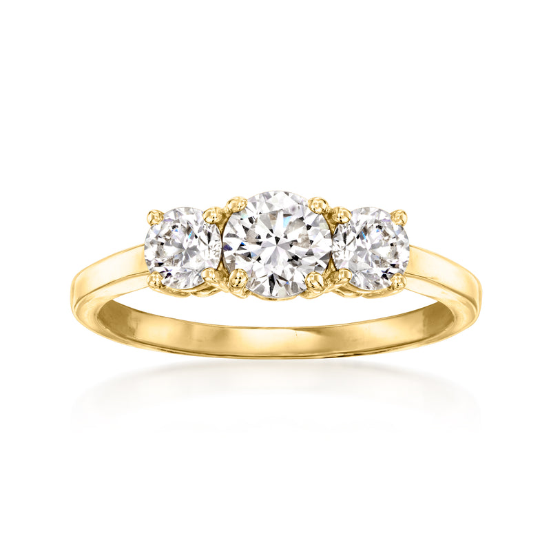 14kt yellow gold three-stone diamond ring with three round stones