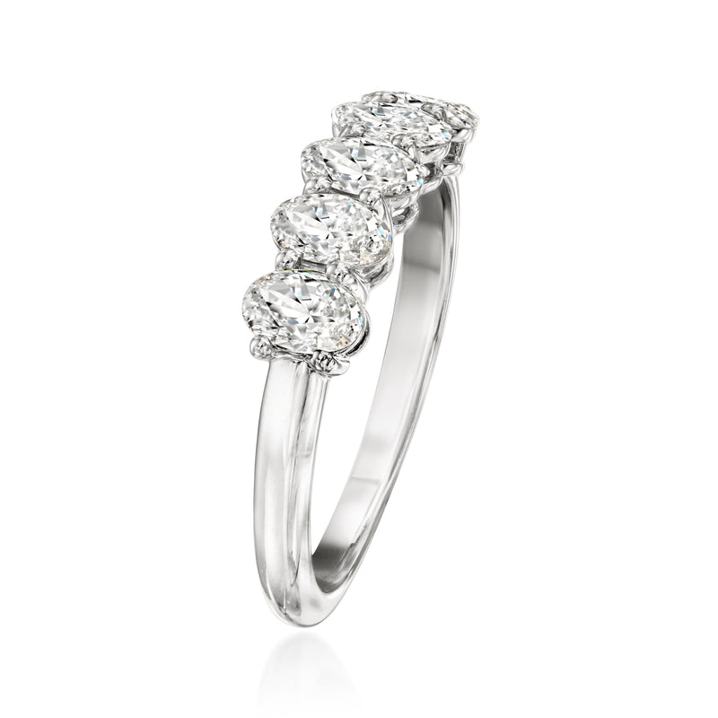14kt white gold five-stone oval diamond ring, side view with raised prong settings