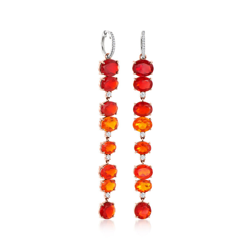 Gold drop earrings with red-orange fire opal beads and diamond accents, dangling style