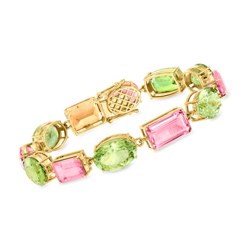 18kt yellow gold tourmaline bracelet with pink and green rectangular and oval gemstones