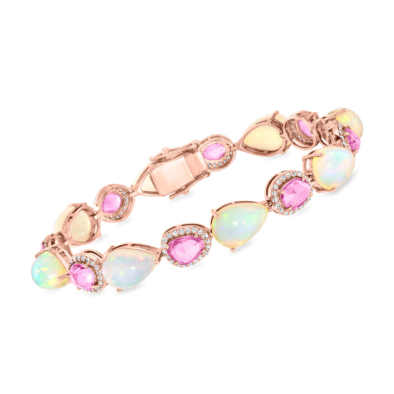 18kt rose gold bracelet with opal and pink sapphire oval links, prong-set diamonds