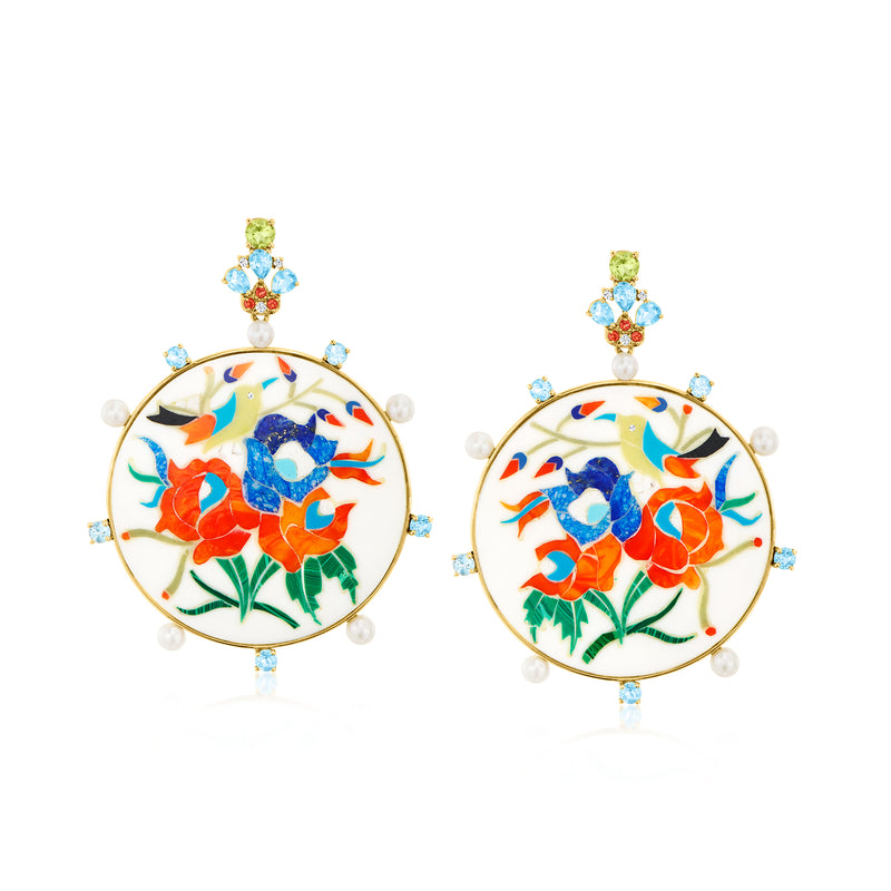 Yellow gold drop earrings with round floral bird inlay, multicolor gemstones, and pearls