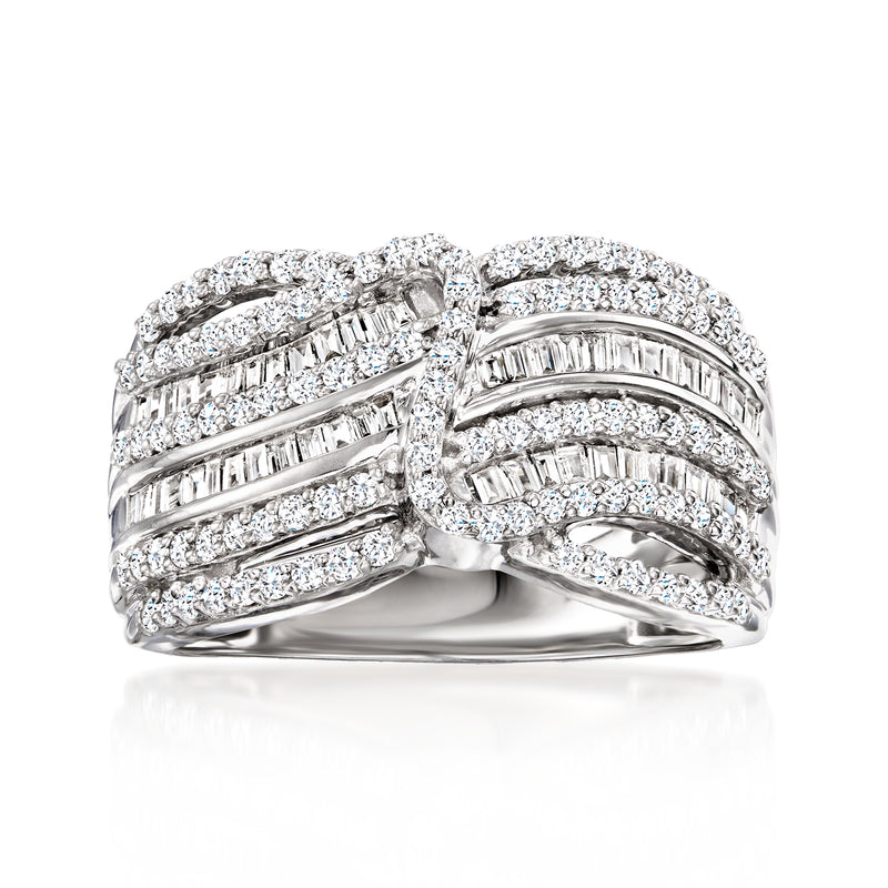 Sterling silver diamond swirl multi-row ring with baguette and round stones