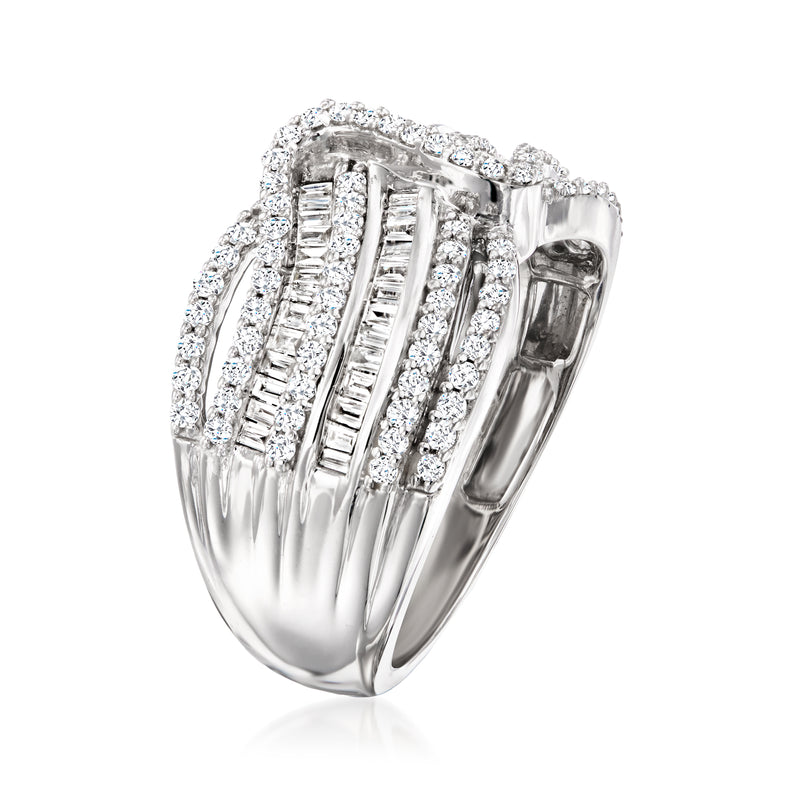 Sterling silver diamond band ring with stacked baguette and pave accents