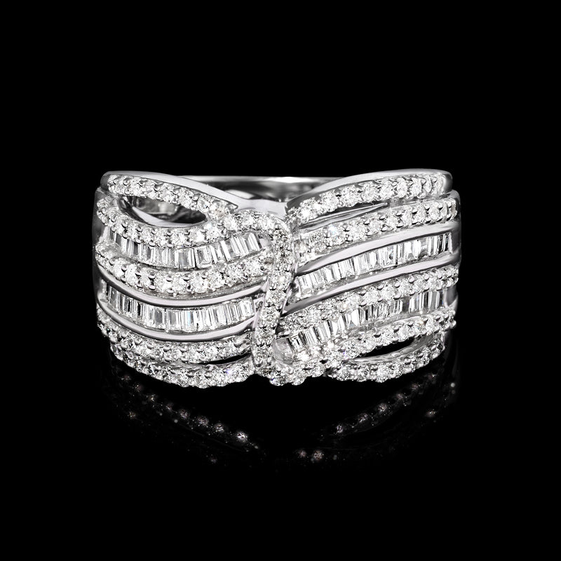 Sterling silver diamond multi-row swirl ring with baguette and round stones