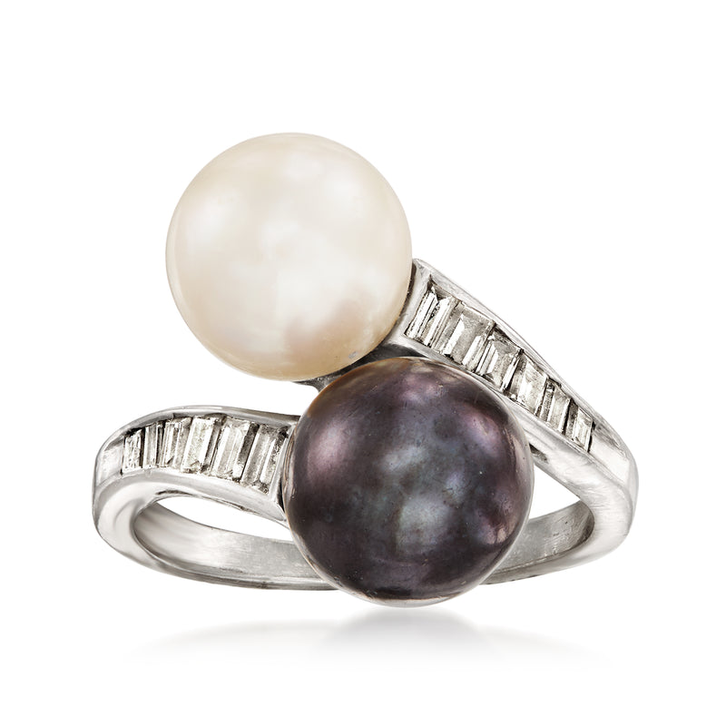 Platinum bypass ring with white and dark cultured pearls, baguette diamond accents