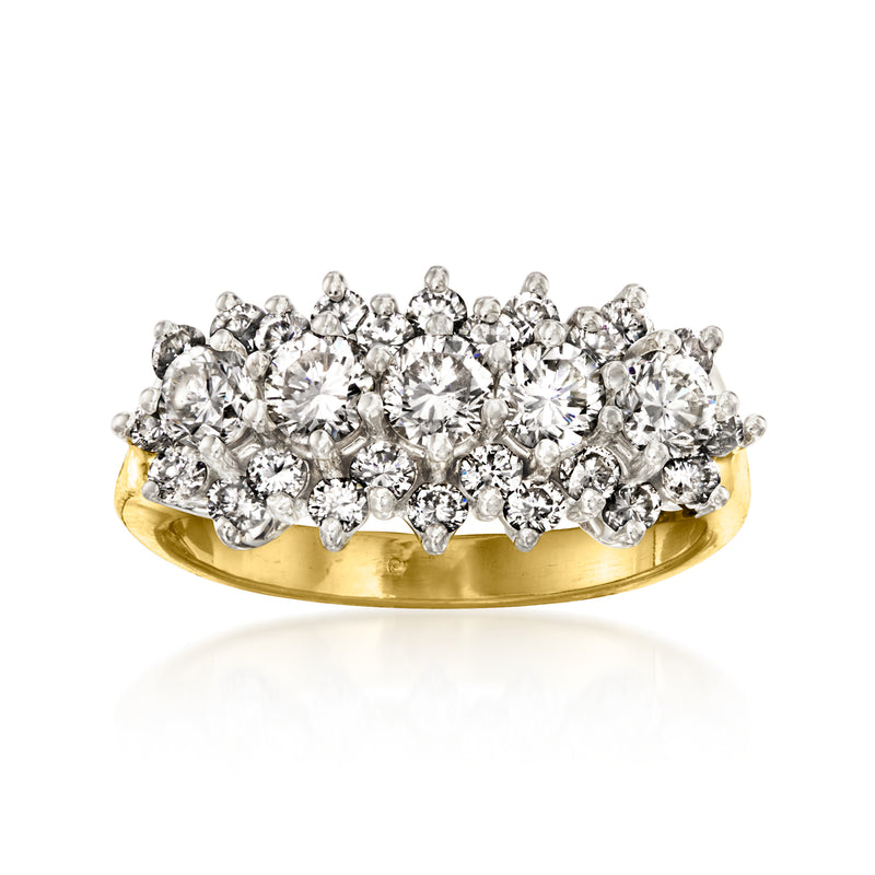Yellow gold diamond cluster ring with arched row of round-cut stones