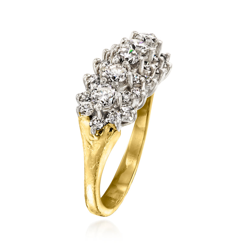 Yellow gold ring with twisted prongs holding sparkling round diamond cluster