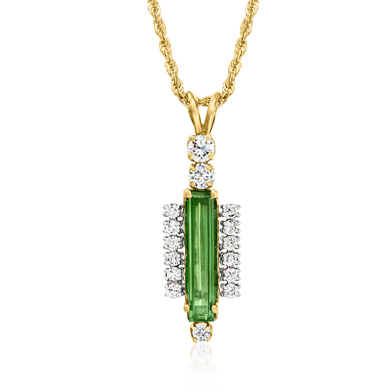 14k yellow gold pendant necklace with green tourmaline and diamond halo accents