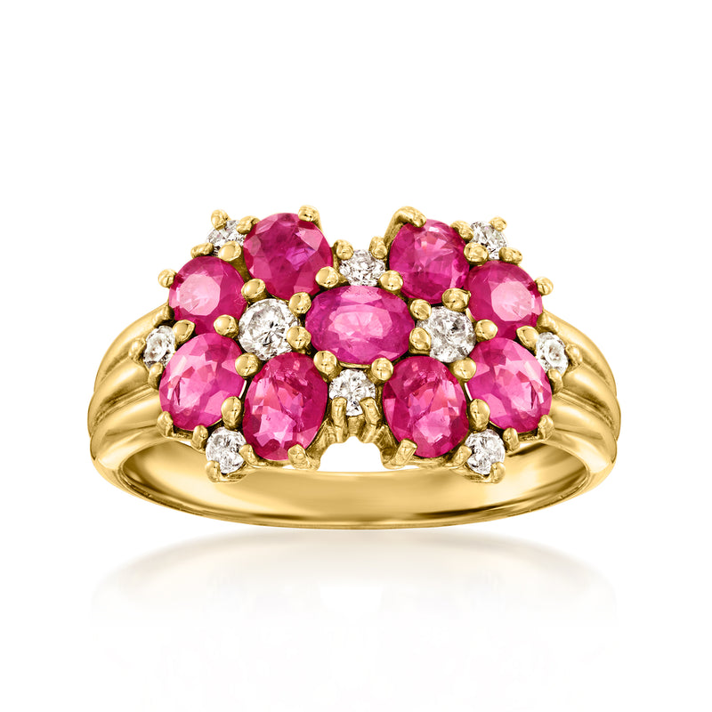 Vintage 18kt yellow gold ring with oval pink ruby and white diamond accents
