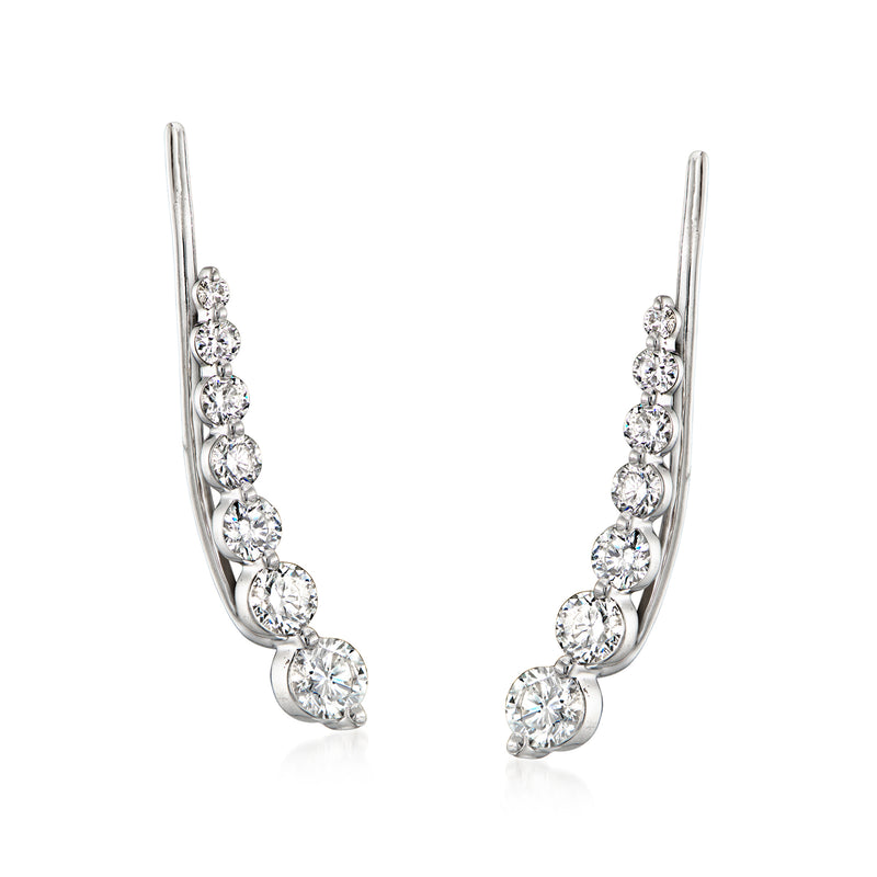 Graduated round diamond ear climber earrings in 14kt white gold with curved earwires