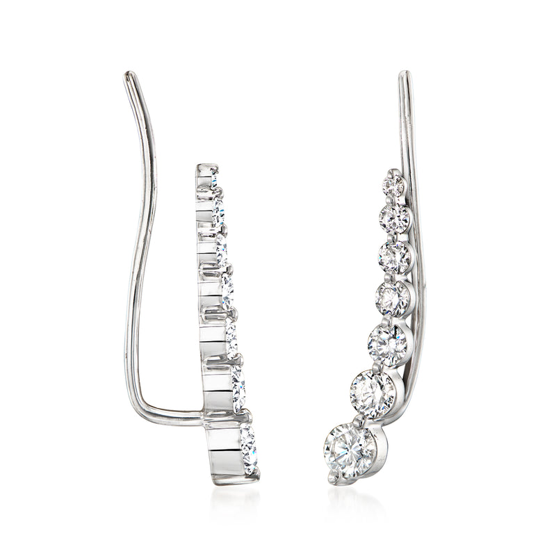 Side view of graduated round diamond ear climber earrings with multiple stones and slim earwire